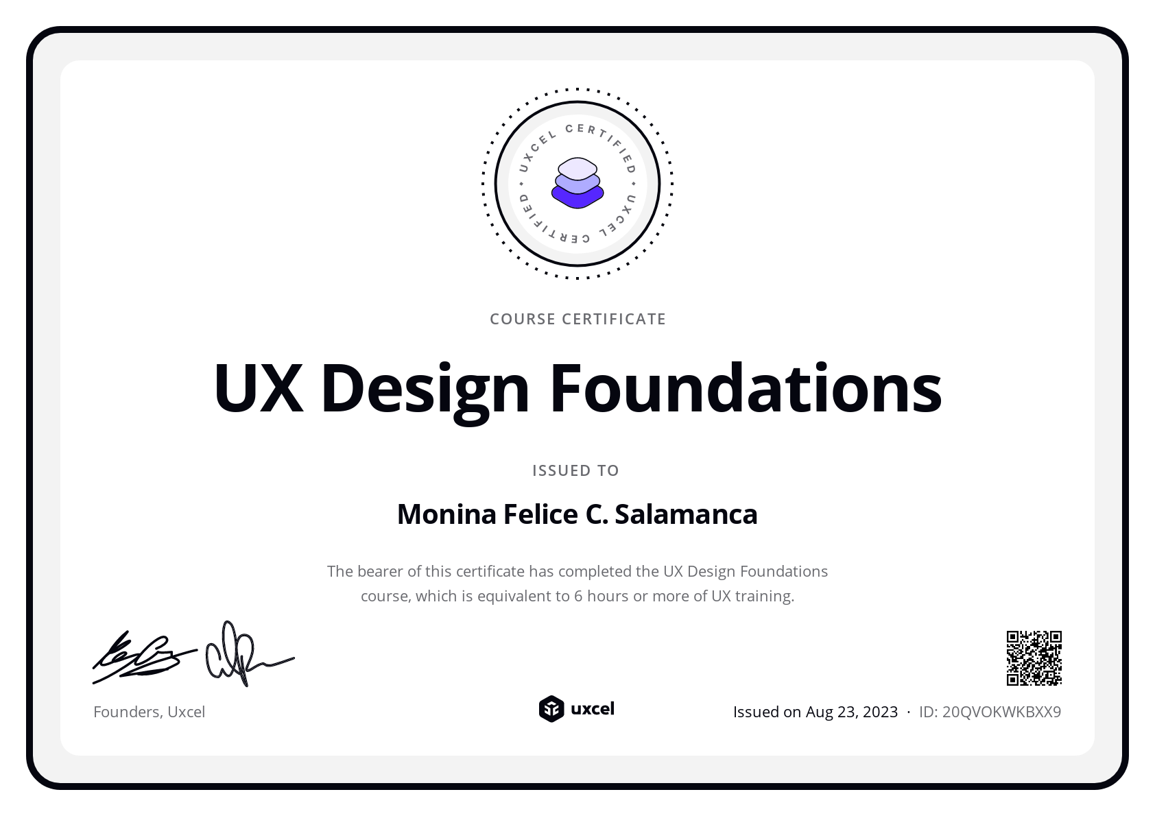 Monina Felice C. Salamanca's certificate